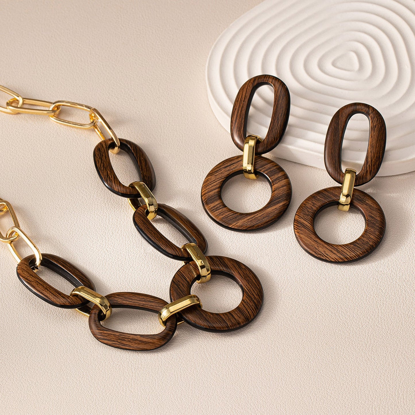 Schmuckset Holz Braun Gold Kette und Ohrringe KARMA