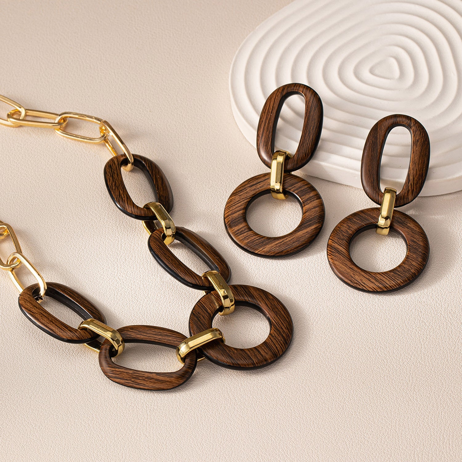 Schmuckset Holz Braun Gold Kette und Ohrringe KARMA