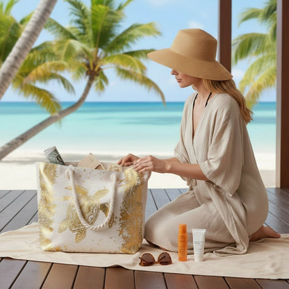 Strandtasche Schildkröte Creme Gold 54 cm modern Pooltasche Shopper Sommertasche Karma