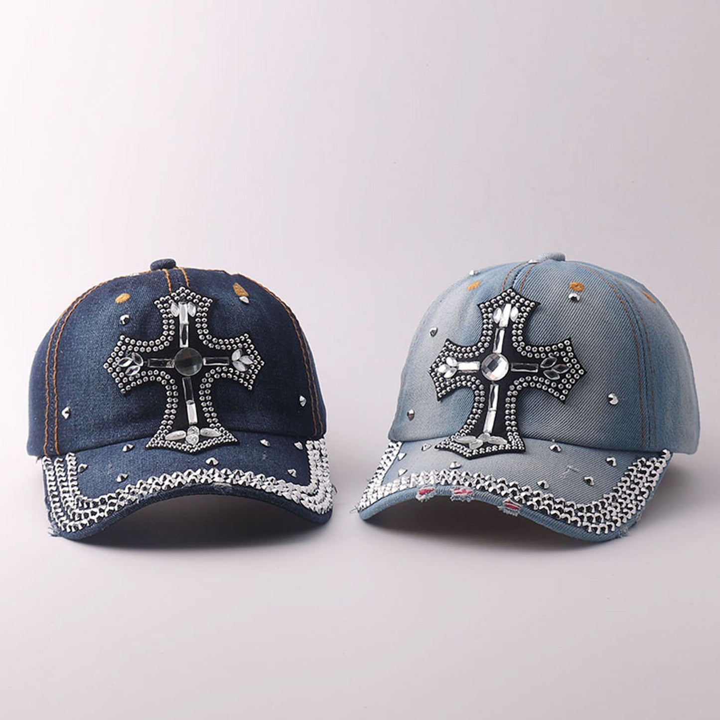 Basecap Kreuz Damen Jeansblau Dunkelblau oder Hellblau Baumwolle Kristalle Kappe Karma
