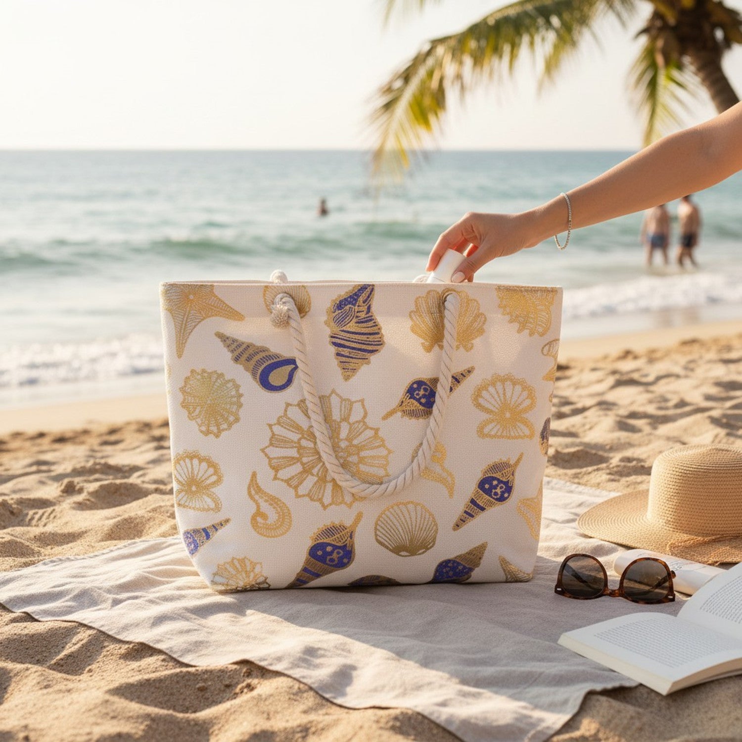 Strandtasche Muscheln Weiß Gold 54 cm modern Pooltasche Shopper Sommertasche Karma