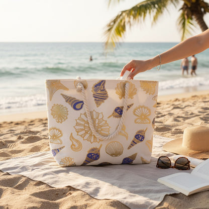 Strandtasche Muscheln Weiß Gold 54 cm modern Pooltasche Shopper Sommertasche Karma