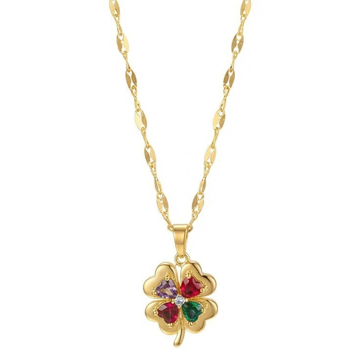 Damen Halskette Klee Gold Edelstahl vergoldet Kristalle Kleekette Edelstahlkette Karma