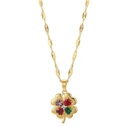 Damen Halskette Klee Gold Edelstahl vergoldet Kristalle Kleekette Edelstahlkette Karma