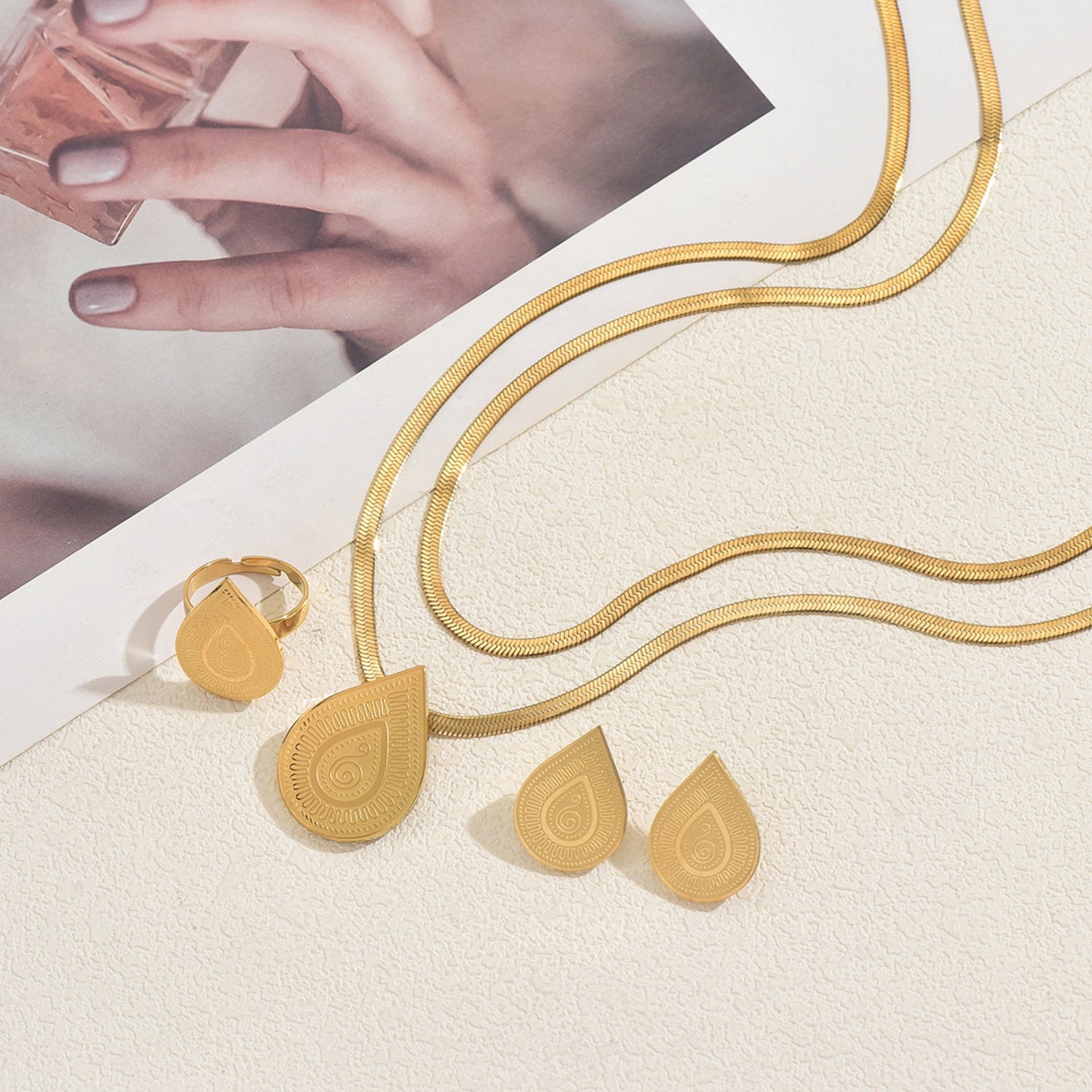 Schmuckset Tropfen Gold Halskette Ohrringe Ring Edelstahl vergoldet wasserfest hypoallergen rostfrei Karma