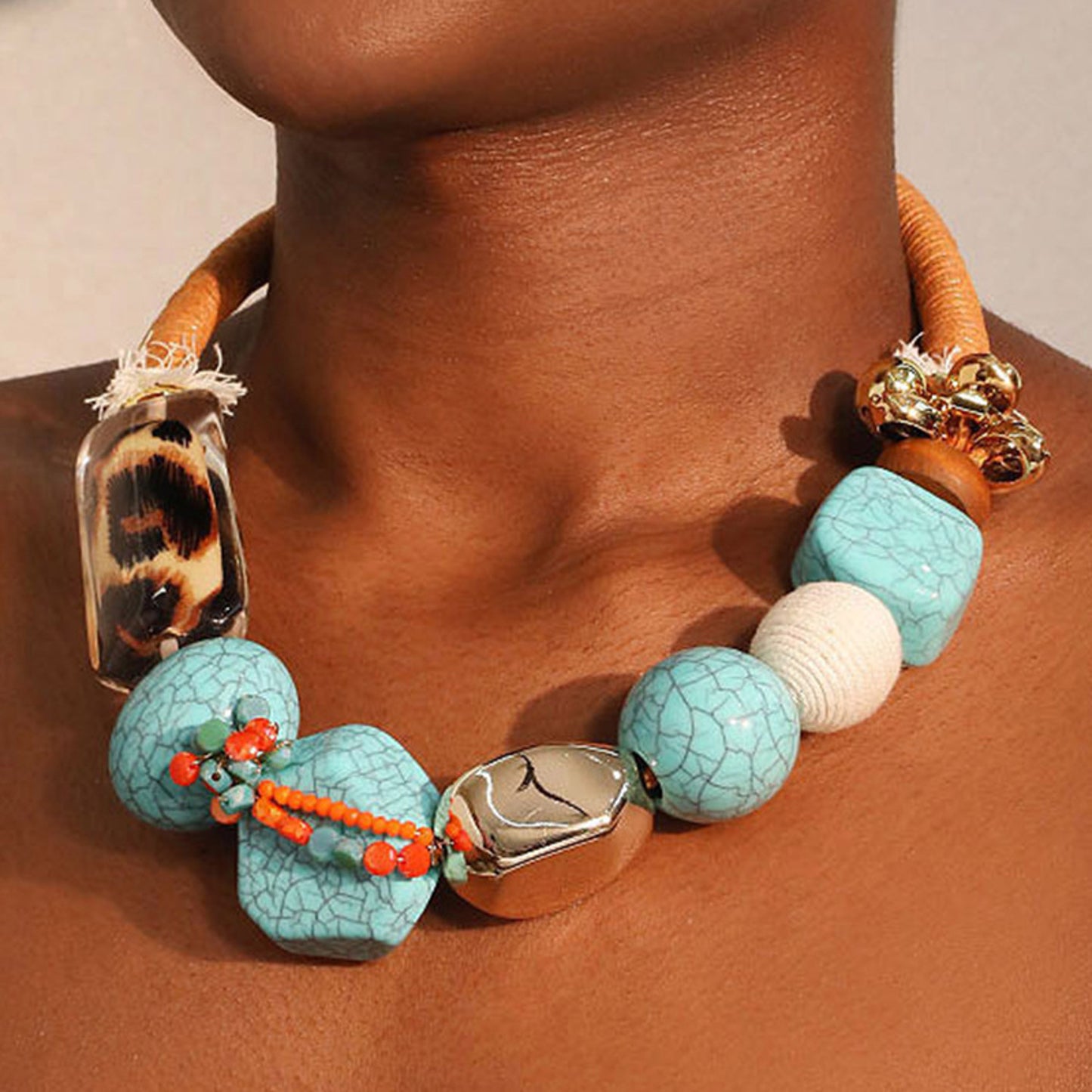 XXL Statement Kette Bunt Naturstein Textil Damen Halskette Karma