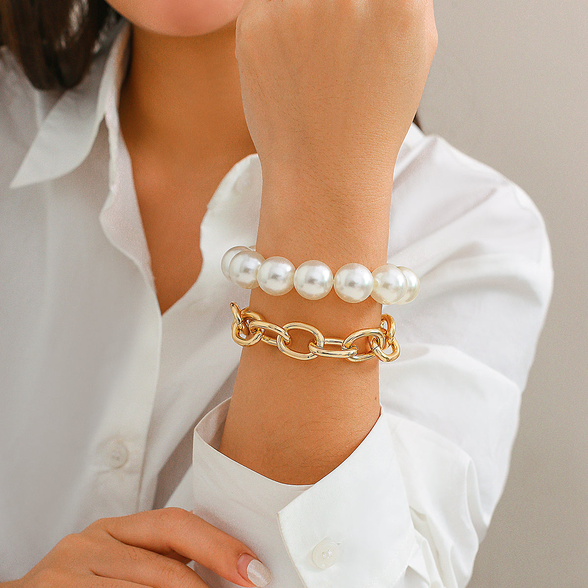 Armbandset Perlenarmband und Metallarmband Weiß Gold Karma