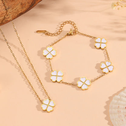 Schmuckset Klee Gold Weiß Armband und Halskette Edelstahl vergoldet wasserfest hypoallergen Karma