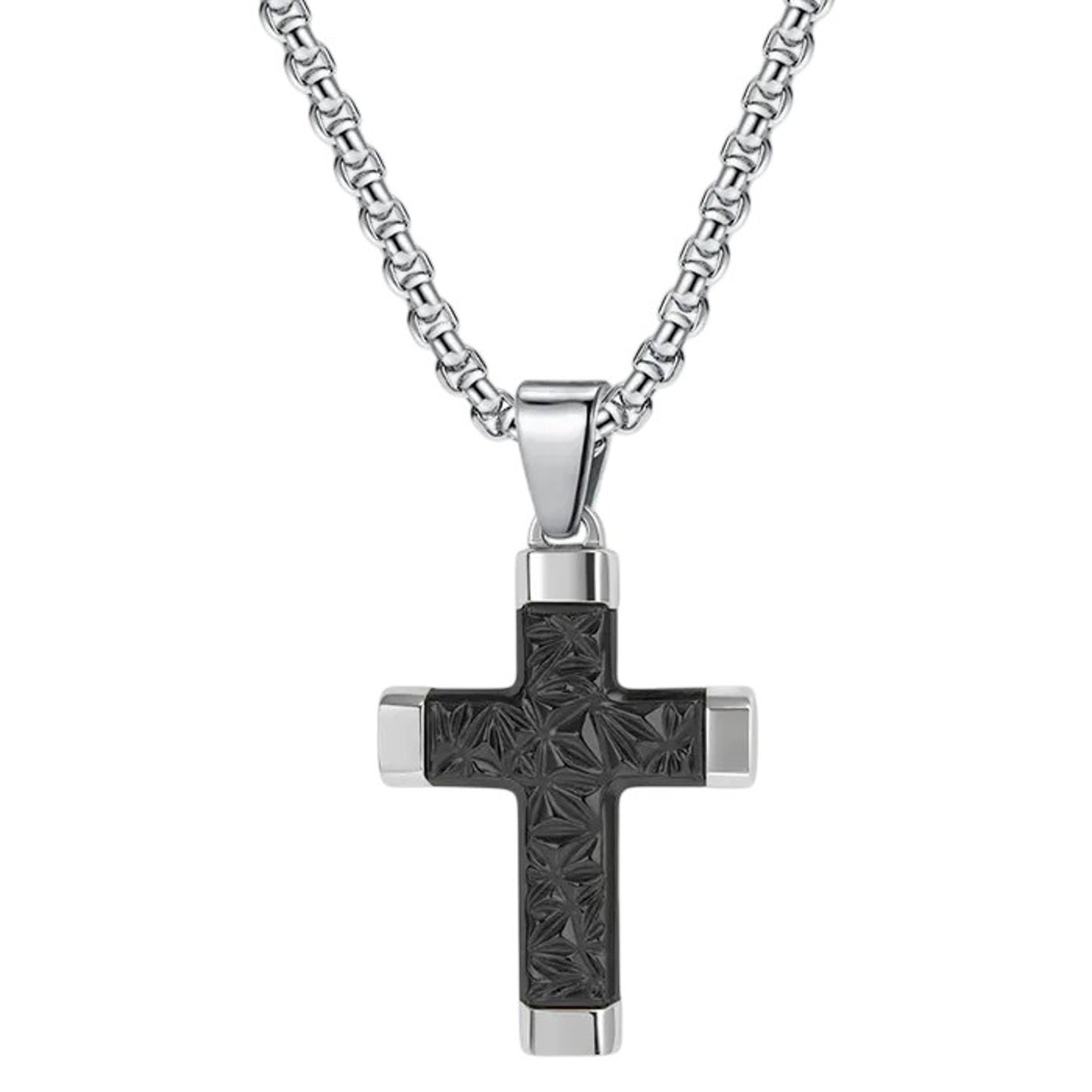 Halskette Kreuz Herren Silber Schwarz modern 60 cm Edelstahl wasserfest hypoallergen rostfrei Karma