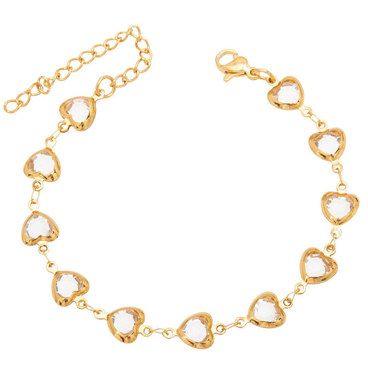 Schmuckset Herz Armband & Fußkette Gold Klar Edelstahl vergoldet wasserfest hypoallergen rostfrei Karma