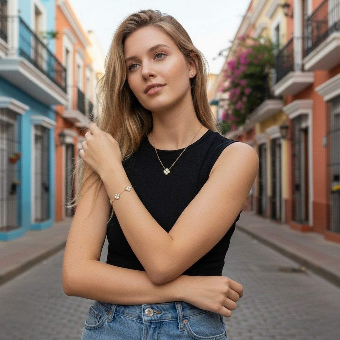 Schmuckset Klee Gold Weiß Armband und Halskette Edelstahl vergoldet wasserfest hypoallergen Karma