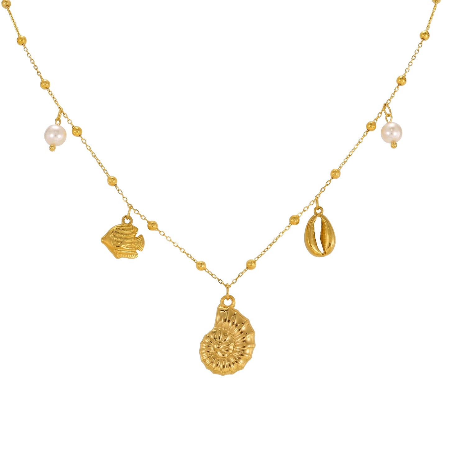 Halskette Muschel Perlen Gold Damen 40 cm Kette Edelstahl vergoldet wasserfest hypoallergen Karma