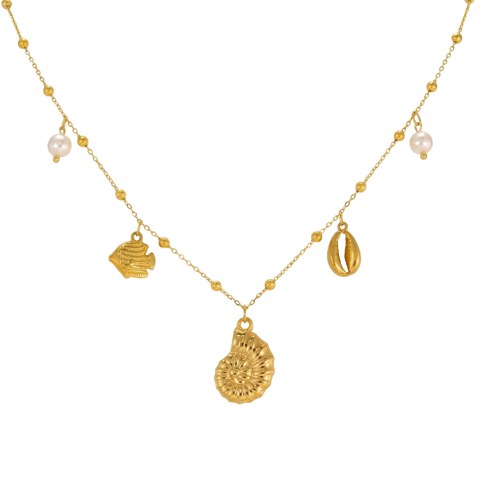 Halskette Muschel Perlen Gold Damen 40 cm Kette Edelstahl vergoldet wasserfest hypoallergen Karma