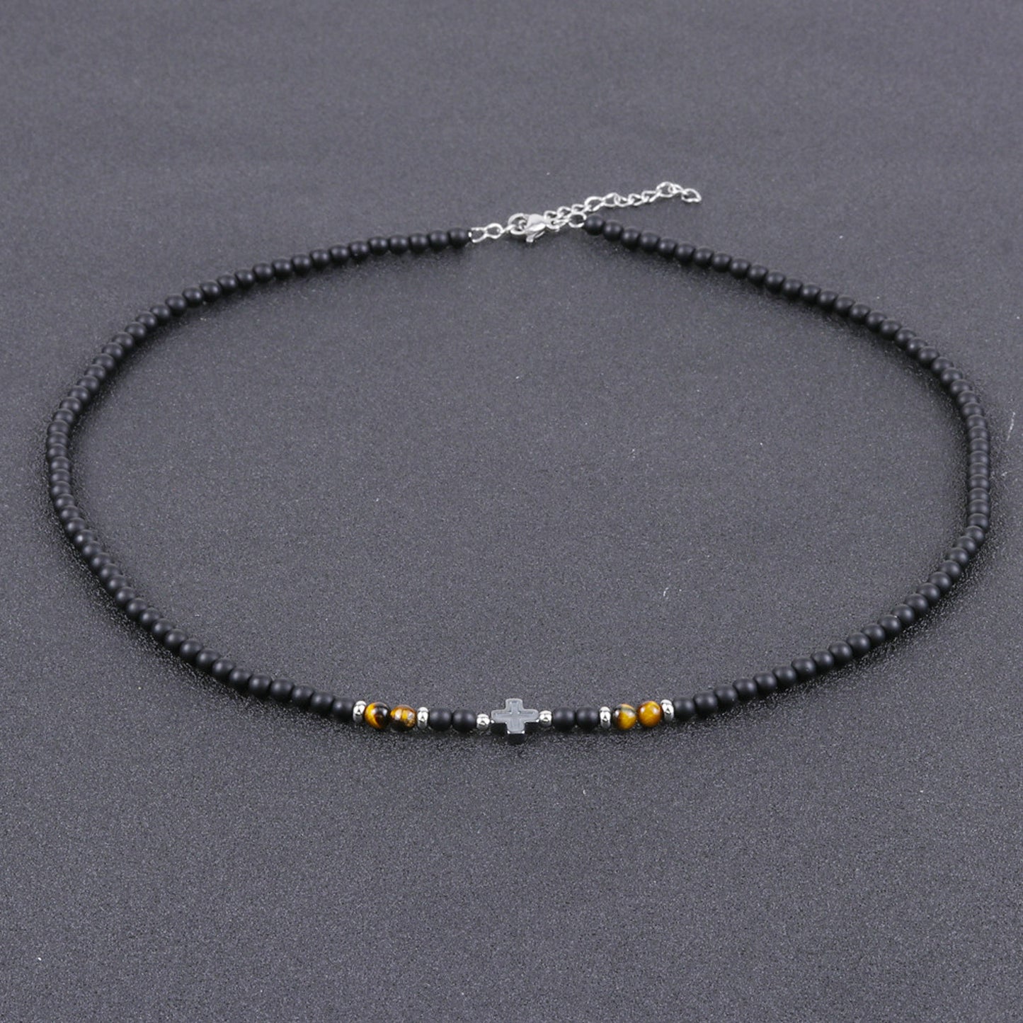 Perlenkette Kreuz Herren Schwarz 50 cm Edelstahl Tigerauge Kette Halskette Karma