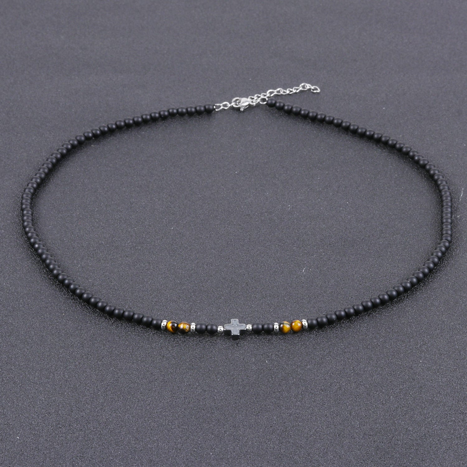 Perlenkette Kreuz Herren Schwarz 50 cm Edelstahl Tigerauge Kette Halskette Karma