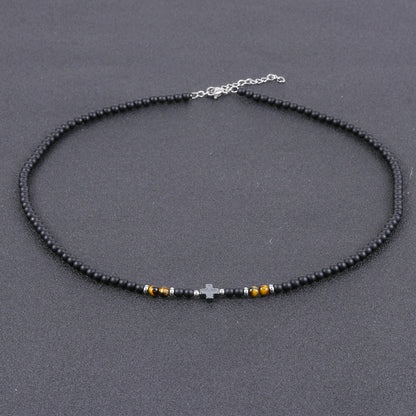 Perlenkette Kreuz Herren Schwarz 50 cm Edelstahl Tigerauge Kette Halskette Karma