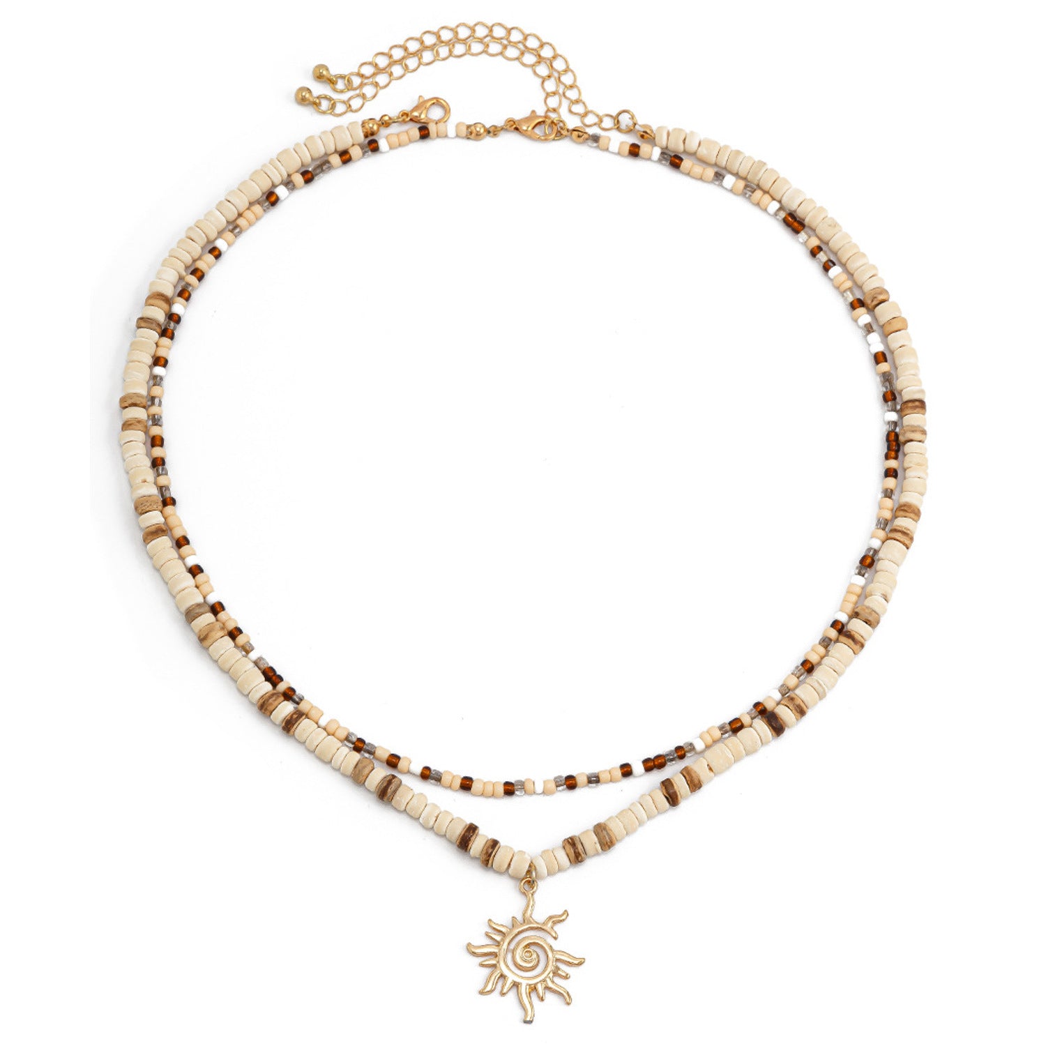 Ketten Set Damen Beige Gold Braun Perlenkette Halskette Kokosnuss Sonne Karma