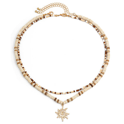 Ketten Set Damen Beige Gold Braun Perlenkette Halskette Kokosnuss Sonne Karma