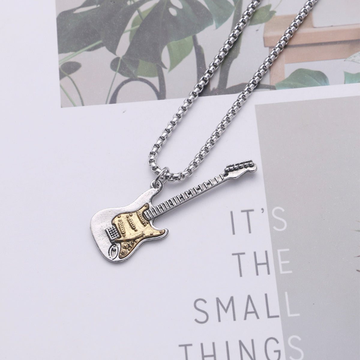 Halskette Herren Gitarre Silber Gold 70 cm Edelstahl Metall Kette rostfrei hypoallergen Karma