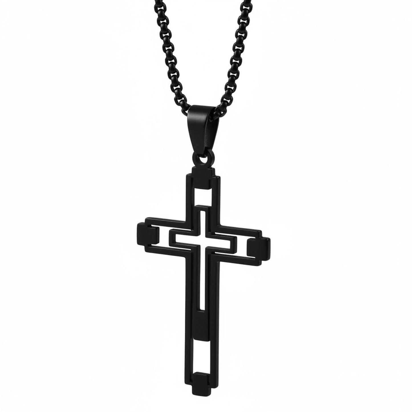 Halskette Kreuz Herren Schwarz modern 60 cm Edelstahl wasserfest hypoallergen rostfrei Karma