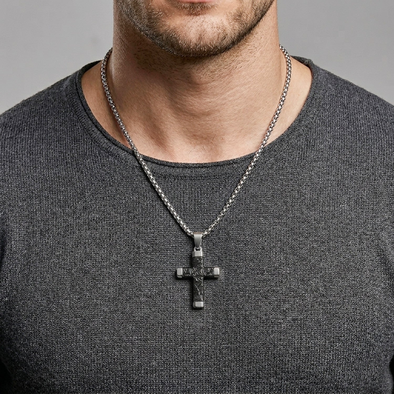 Halskette Kreuz Herren Silber Schwarz modern 60 cm Edelstahl wasserfest hypoallergen rostfrei Karma