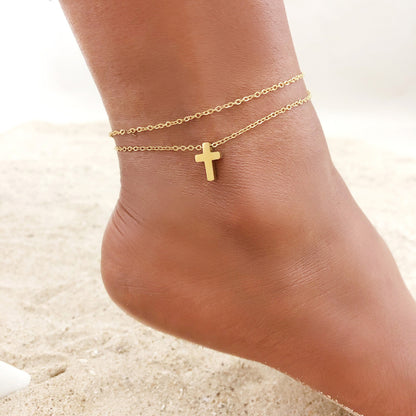 Fußkette Kreuz Gold Edelstahl PVD beschichtet wasserfest hypoallergen