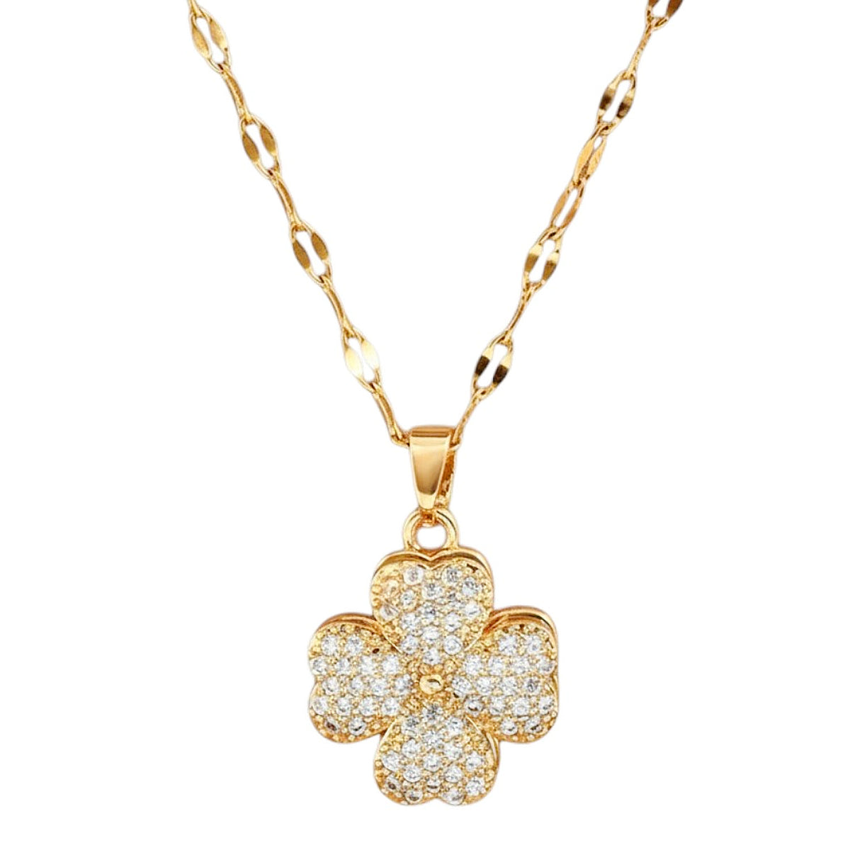 Damen Halskette Klee Gold Edelstahl vergoldet Kristalle Kleekette Edelstahlkette Karma