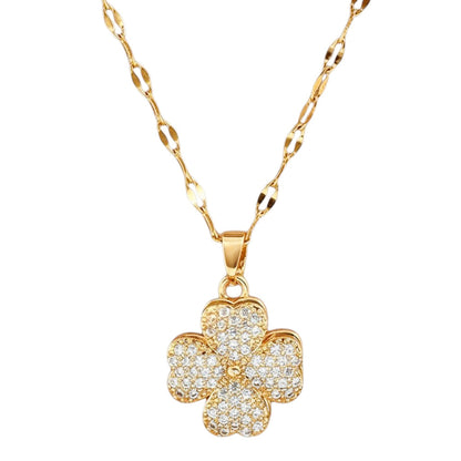 Damen Halskette Klee Gold Edelstahl vergoldet Kristalle Kleekette Edelstahlkette Karma