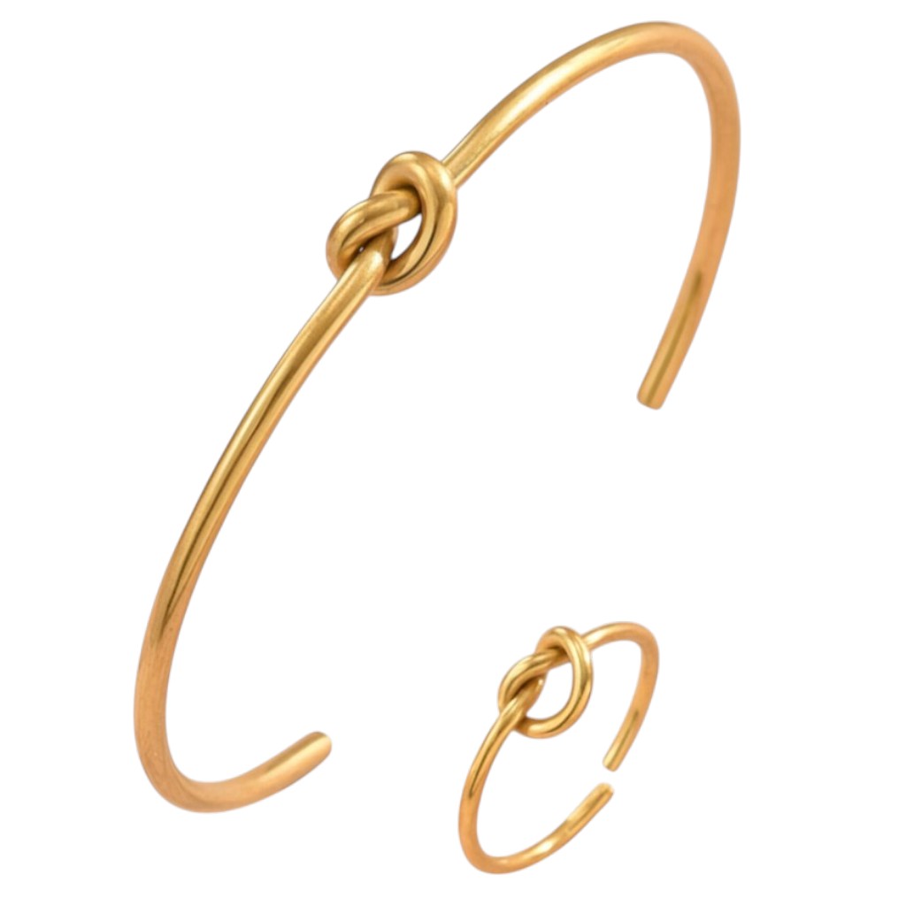 Schmuckset Gold Knoten Armband und Ring Edelstahl wasserfest hypoallergen rostfrei Karma