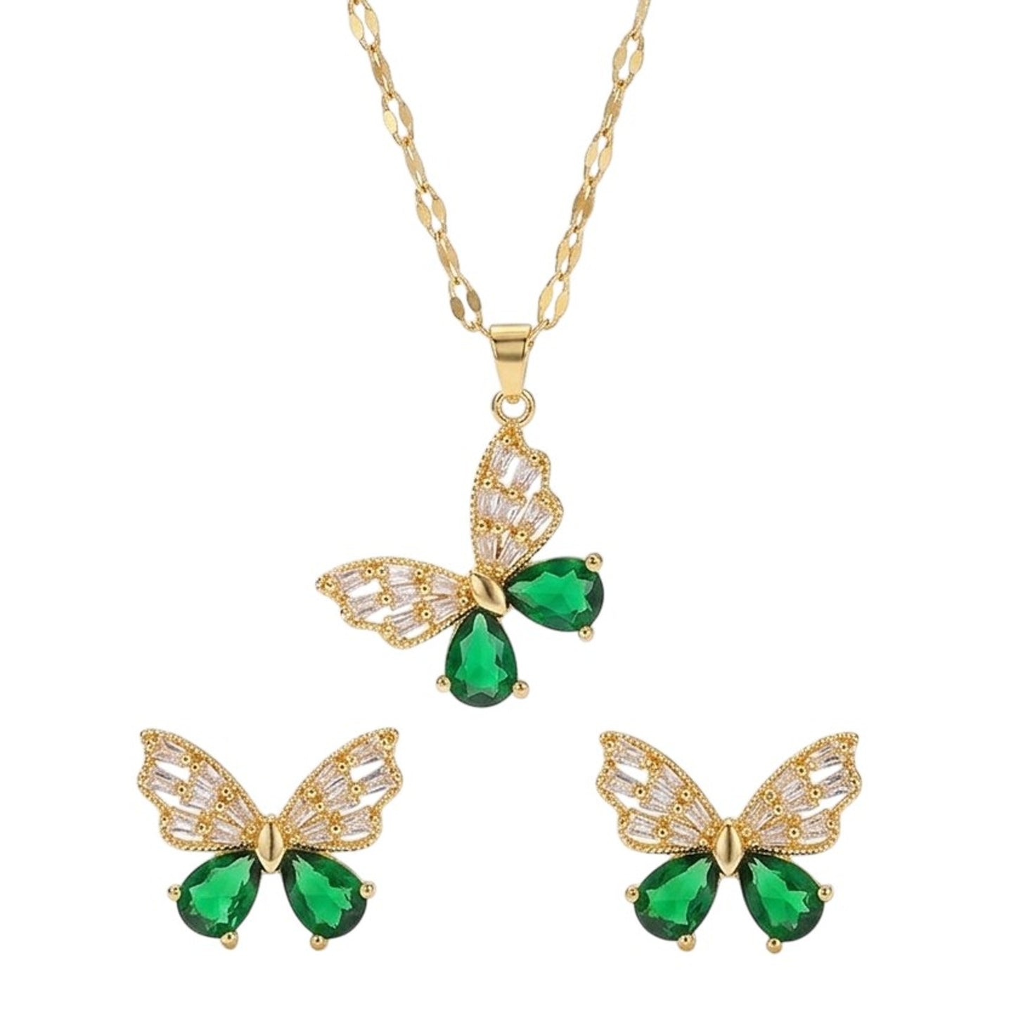 Schmuckset Schmetterling Gold Grün Halskette und Ohrringe Zirkone Edelstahl vergoldet wasserfest hypoallergen rostfrei Karma