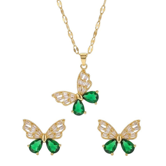 Schmuckset Schmetterling Gold Grün Halskette und Ohrringe Zirkone Edelstahl vergoldet wasserfest hypoallergen rostfrei Karma