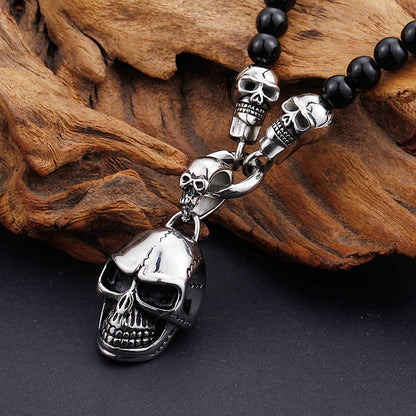 Perlenhalskette Totenkopf Schwarz Silber KARMA