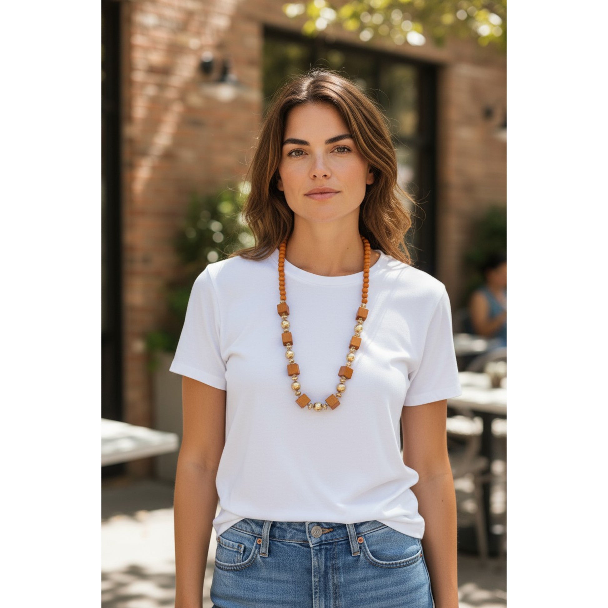 Lange Halskette Holz Braun Damen KARMA