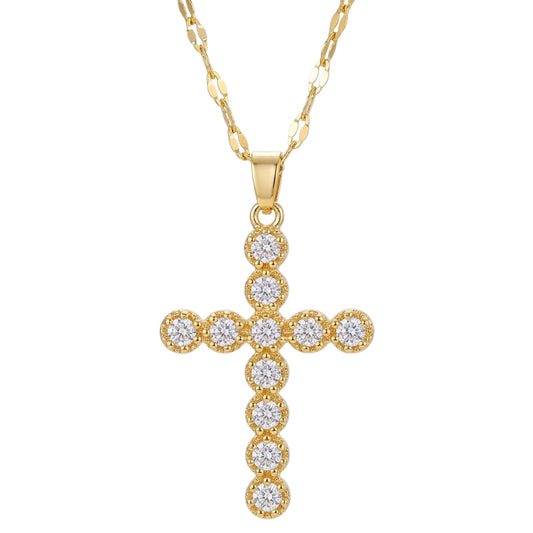 Halskette Kreuz Kristalle Gold vergoldet 40 cm wasserfest rostfrei Damen Kette in Schmuckbox Karma