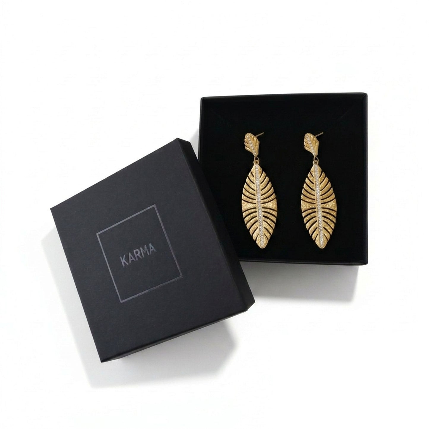 Ohrringe Blatt Damen Gold 5 cm Damen Ohrschmuck Edelstahl vergoldet Kristalle wasserfest rostfrei hypoallergen Lieferung in Schmuckbox Karma