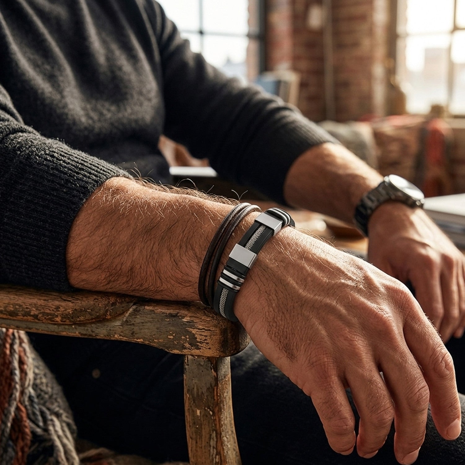 Armband Herren Schwarz 21 cm Silikon Edelstahl modern Karma