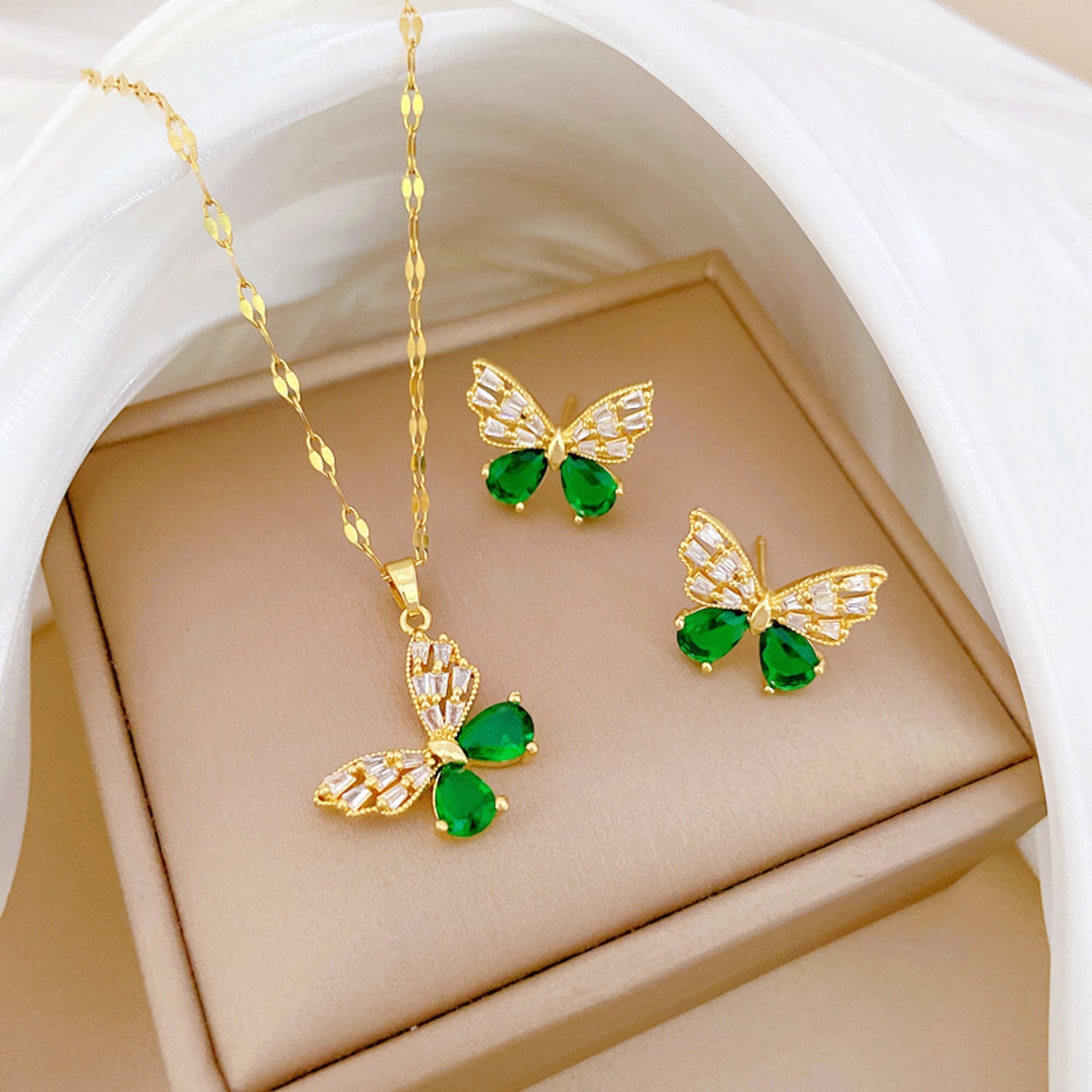 Schmuckset Schmetterling Gold Grün Halskette und Ohrringe Zirkone Edelstahl vergoldet wasserfest hypoallergen rostfrei Karma