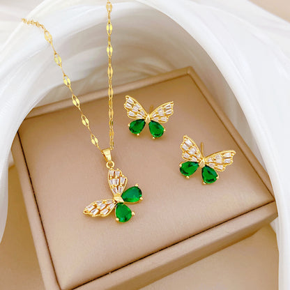 Schmuckset Schmetterling Gold Grün Halskette und Ohrringe Zirkone Edelstahl vergoldet wasserfest hypoallergen rostfrei Karma