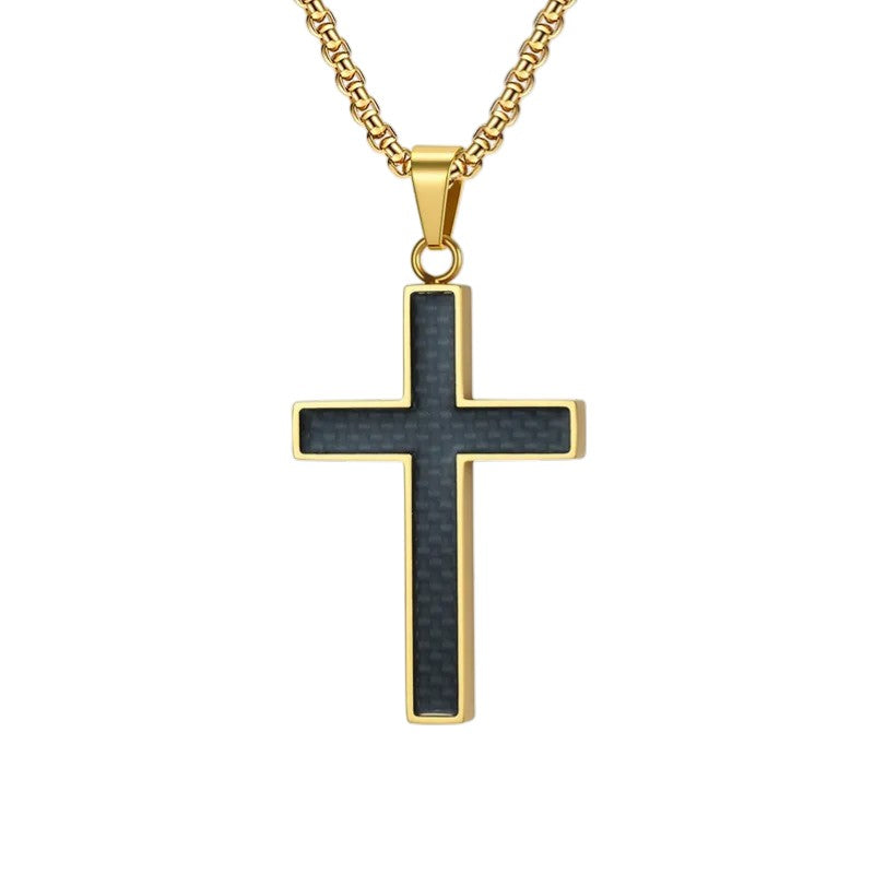 Halskette mit Kreuz Anhänger Herren Gold Titanstahl Carbon Herrenkette Kreuzkette Karma