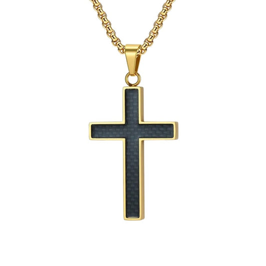 Halskette mit Kreuz Anhänger Herren Gold Titanstahl Carbon Herrenkette Kreuzkette Karma