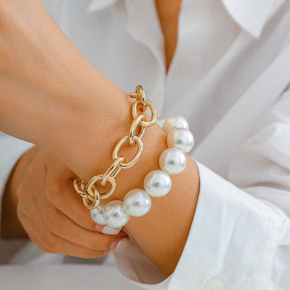 Armbandset Perlenarmband und Metallarmband Weiß Gold Karma