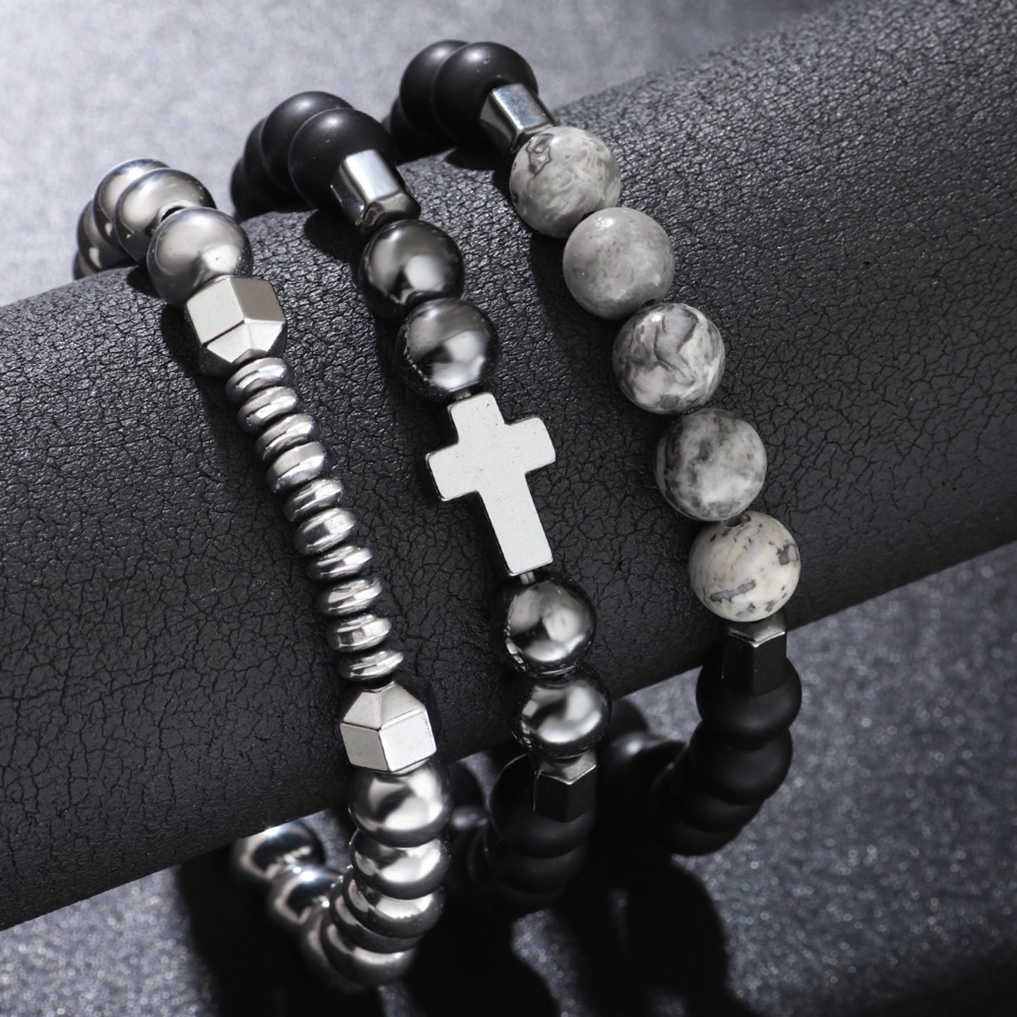 Armband Set Herren Perlenarmband Schwarz Edelstahl Lavaperlen Naturstein Karma