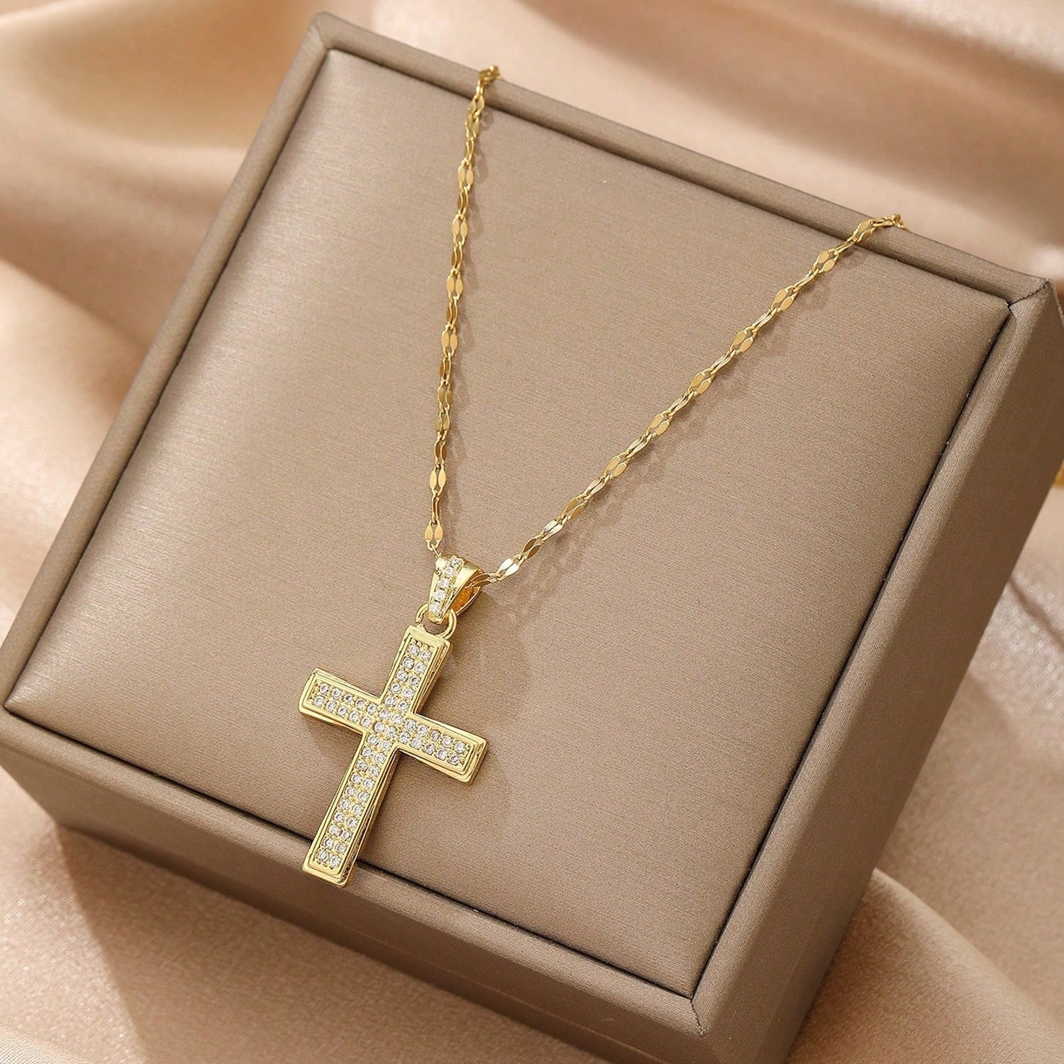 Halskette Kreuz Gold Kristalle Edelstahl 40 cm wasserfest rostfrei Damen Kette Karma