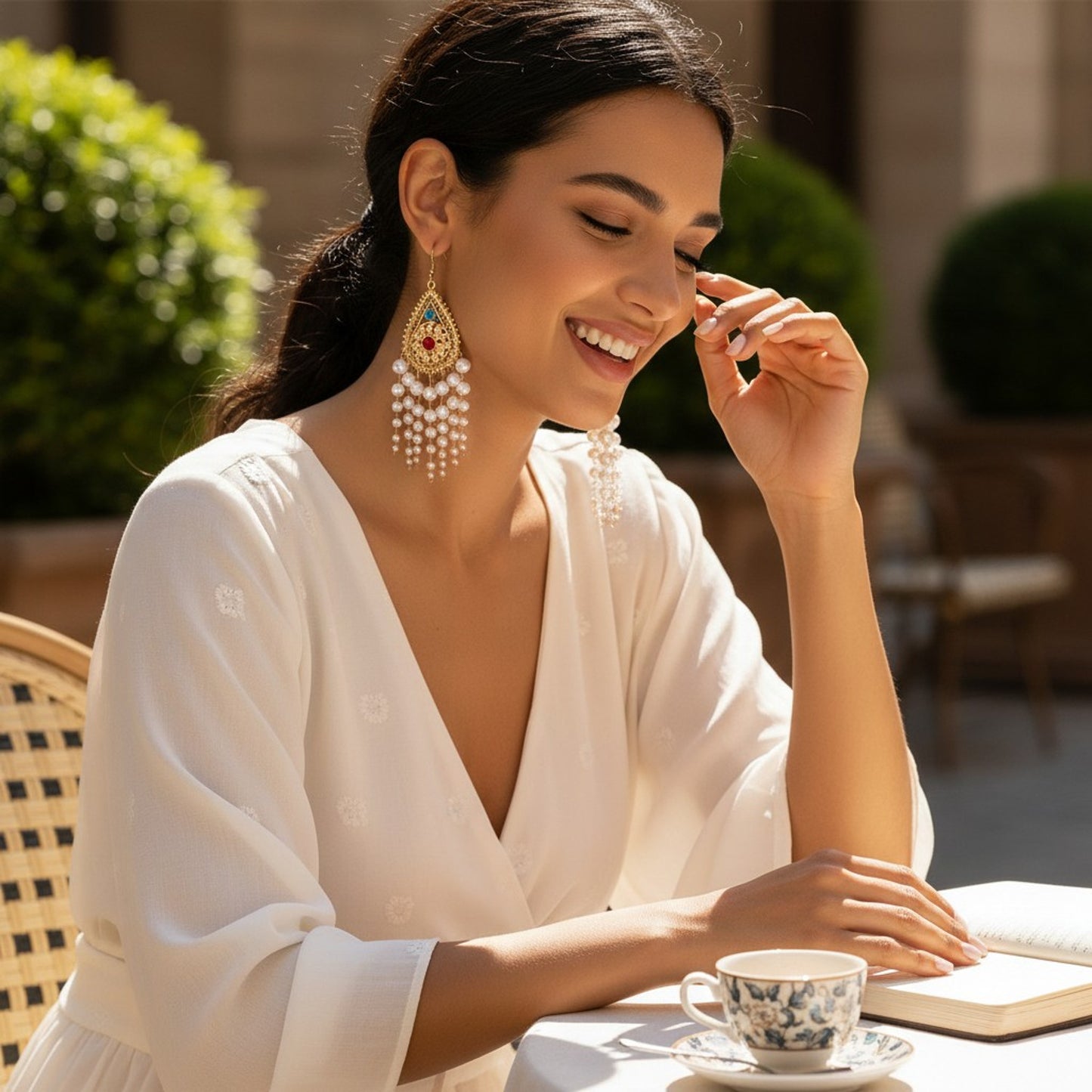 Lange Perlenohrringe Gold Weiß Kunstperlen Damen Ohrringe Karma
