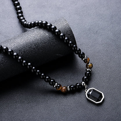 Schmuckset Herren Perlen Schwarz Armband und Kette Edelstahl Acrylperlen Karma