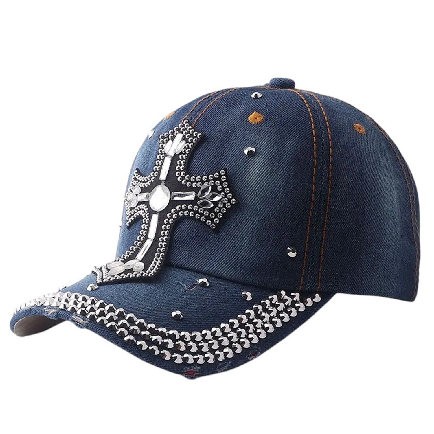 Basecap Kreuz Damen Jeansblau Dunkelblau oder Hellblau Baumwolle Kristalle Kappe Karma