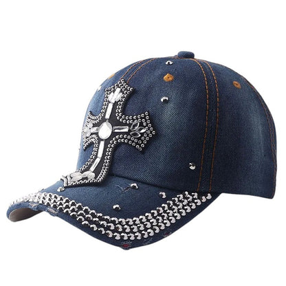 Basecap Kreuz Damen Jeansblau Dunkelblau oder Hellblau Baumwolle Kristalle Kappe Karma