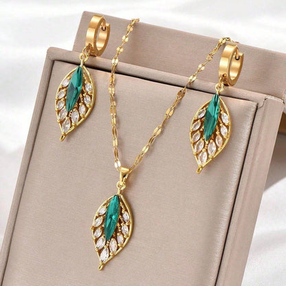 Schmuckset Ohrringe & Halskette Gold Grün Edelstahl vergoldet wasserfest hypoallergen