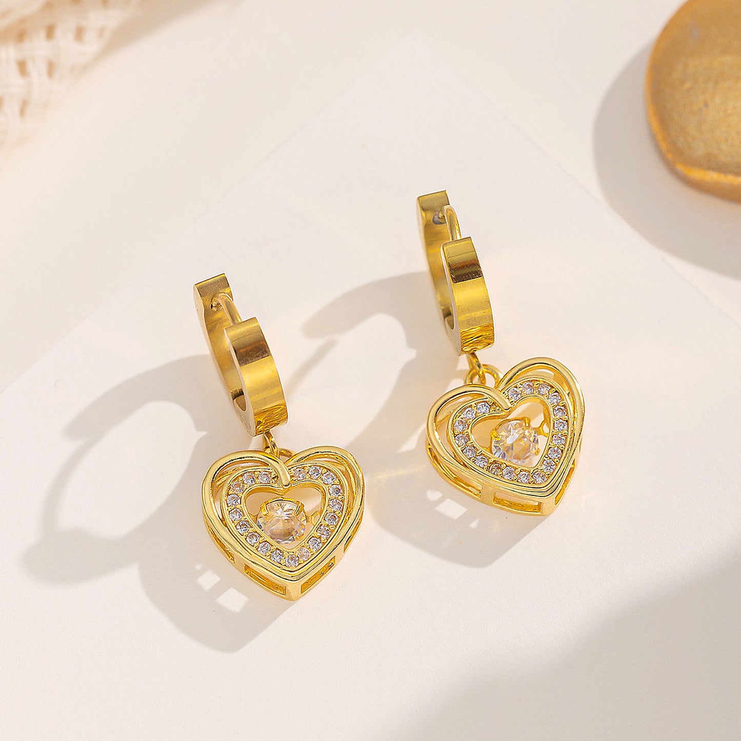Schmuckset Herz Gold Halskette und Ohrringe Edelstahl Zirkone wasserfest hypoallergen rostfrei Karma