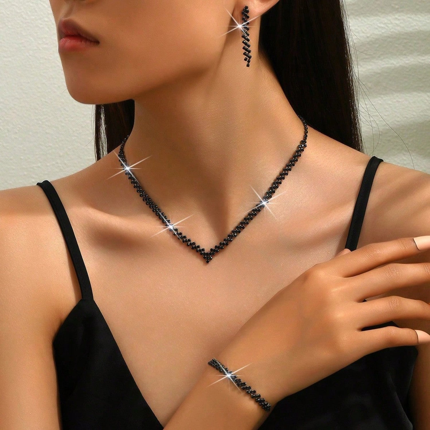 Schmuckset Schwarz Strass Damen Halskette, Armband und Ohrringe Karma